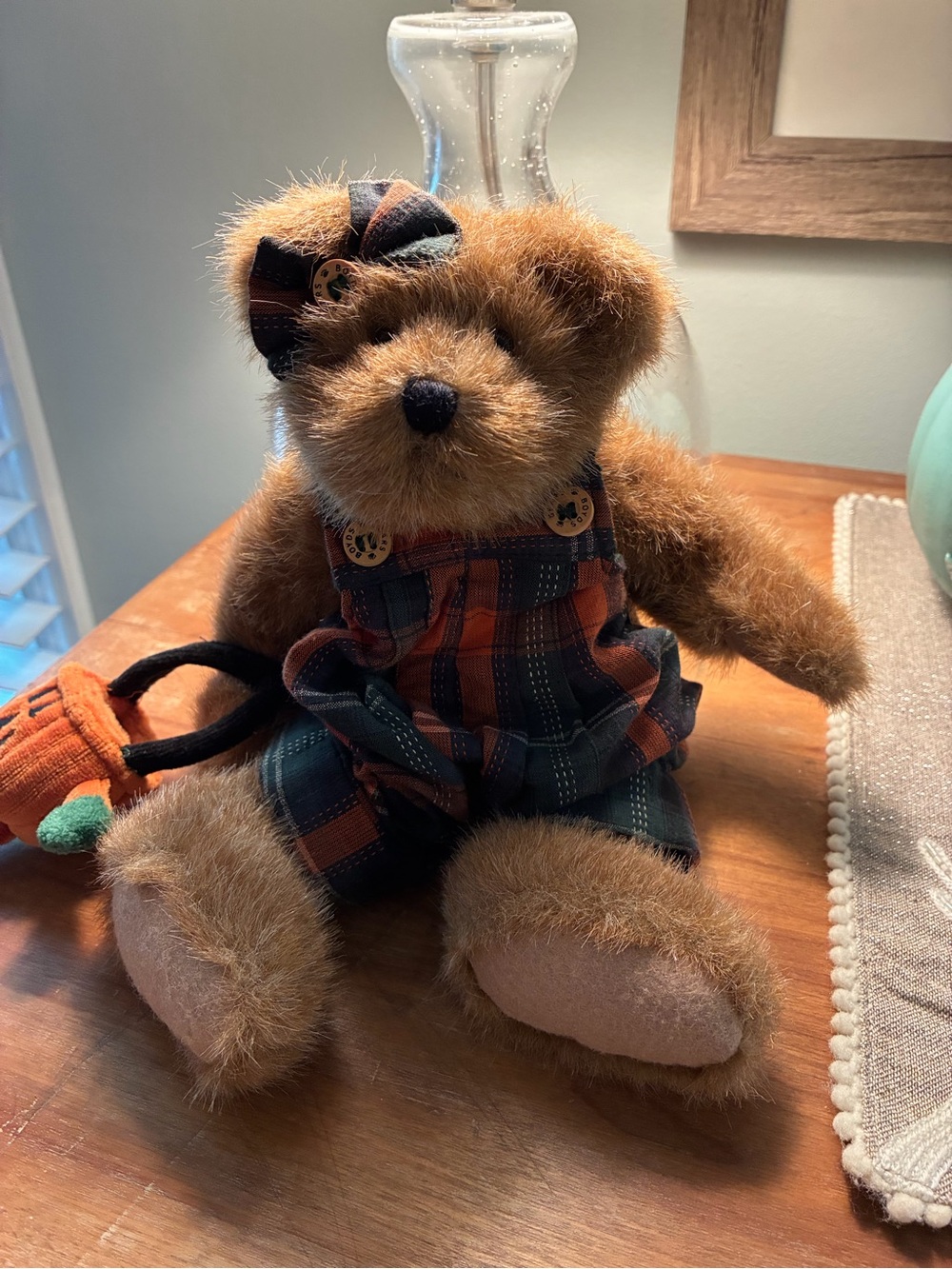 Boyds Bears Plush Brown Bear in Orange & Green Plaid Overalls